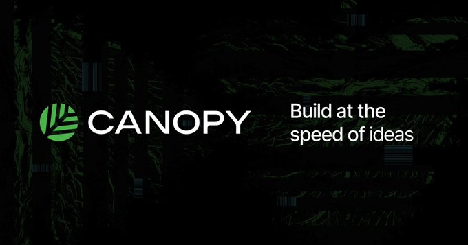 The image displays the Canopy (CNPY) logo alongside the tagline "Build at the speed of ideas" on a dark green textured background. It complements the post by highlighting Canopy Network's branding as the author discusses how CNPY transforms perspectives on blockchain architecture with features like shared security and adaptability for evolving projects.
