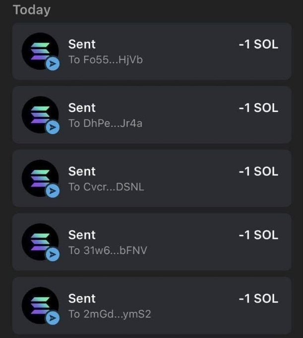 The image displays a transaction history showing five recent "Sent" transactions, each deducting 1 SOL and sent to different wallet addresses (Fo55...HjVb, DhPe...Jr4a, Cvcr...DSNL, 31w6...bFNV, 2mGd...ymS2), suggesting the user is actively participating in distributing or sending SOL—likely in connection with the airdrop giveaway mentioned in the post.