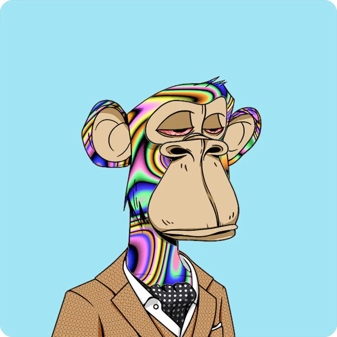 A cartoon-style NFT of a bored-looking monkey in a brown suit and dotted tie, with a colorful, psychedelic pattern on its fur, set against a light blue background.