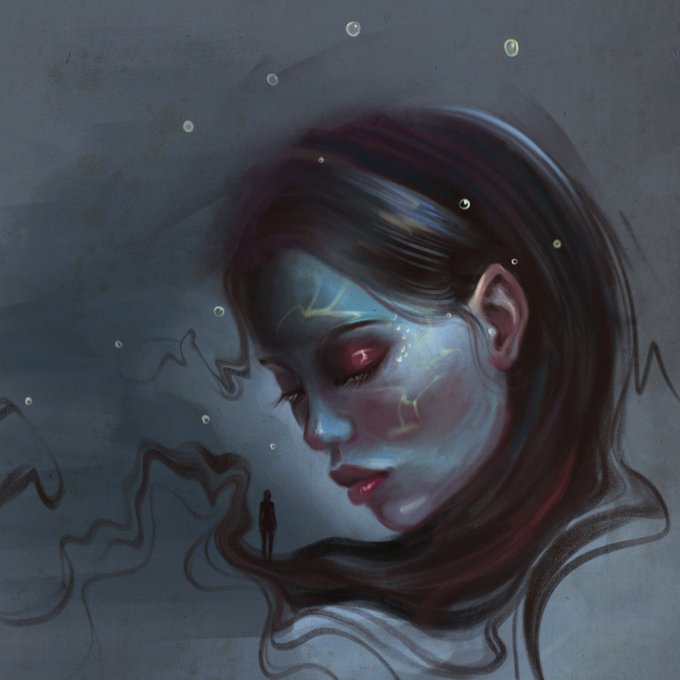 A moody digital illustration of a pale woman with glowing red eyes and golden vein-like patterns on her face, with her hair flowing to reveal a tiny silhouette figure within it.