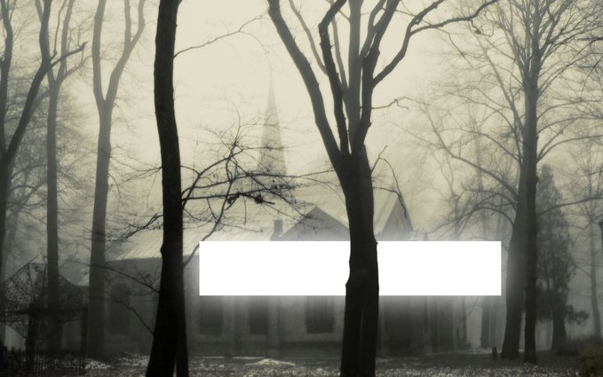 An eerie, fog-shrouded scene of a church or chapel viewed through silhouetted bare trees, with a blank white rectangular overlay obscuring the center of the image.