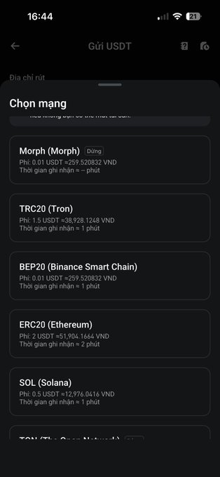 A mobile app screen in Vietnamese showing a network selection menu for sending USDT, with options including Morph, TRC20 (Tron), BEP20, ERC20, and SOL with their respective fees.