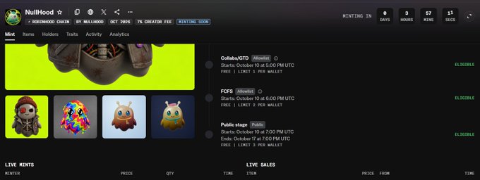 A screenshot of the 'NullHood' NFT minting platform showing a RobinHood Chain minting soon, with a countdown timer and details for Collabs/GTD, FCFS, and Public stages.