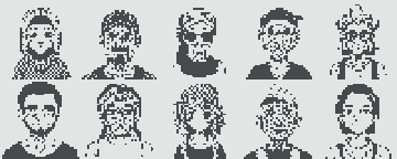 A black-and-white pixel art image showing two rows of five distorted, vertical face-like figures.