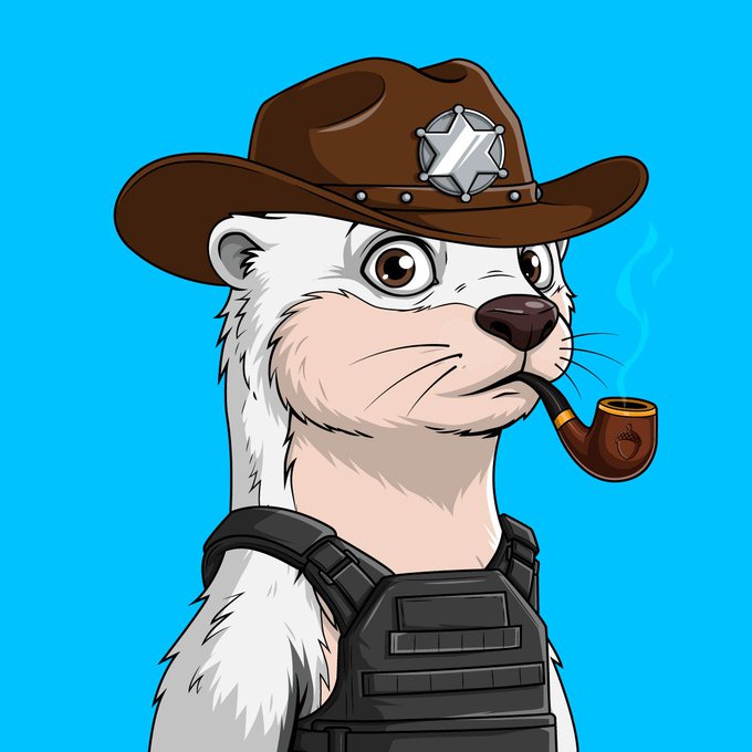 A cartoon illustration of a white ferret wearing a brown sheriff's hat and black tactical vest, smoking a wooden pipe, against a blue background.