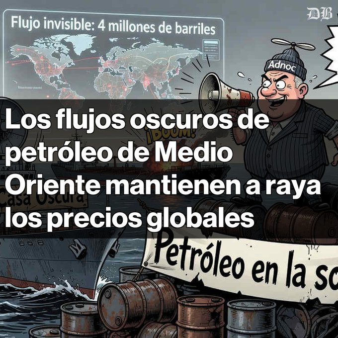 A graphic illustration showing oil barrels in the ocean with a character speaking into a megaphone, a world map displaying "Flujo invisible: 4 millones de barriles," and the Spanish text "Los flujos oscuros de petróleo de Medio Oriente mantienen a raya los precios globales."