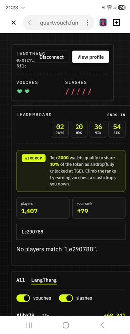 A mobile screenshot of the website 'quantvouch.fun' showing a profile for 'LANGTHANG' with a leaderboard, airdrop information, and player rankings.