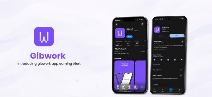 The image is a promotional graphic for the "Gibwork" mobile app, featuring the purple Gibwork logo alongside two smartphone screenshots displaying the app's interface, including sections like "What's New," "Preview," "Sync this app," and "App support." The caption "Introducing gibwork app earning Alert" is shown, which aligns with the post's message about receiving timely notifications for Web3 earning opportunities on iOS and Android.