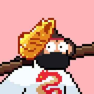 Pixel art of a character wearing a straw hat, black mask, and white shirt with a red symbol, set against a pink background.