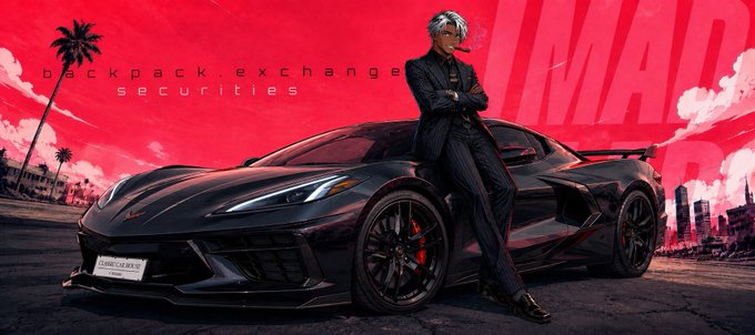 A stylish anime-style character in a pinstripe suit leans against a black Chevrolet Corvette against a vibrant red backdrop, with "Backpack.Exchange Securities" and "MAD" prominently displayed alongside cityscape silhouettes. The image ties into the post's promotional theme by visually merging the "Mad Lads" NFT brand with the Backpack Exchange, suggesting a luxurious, high-value partnership.