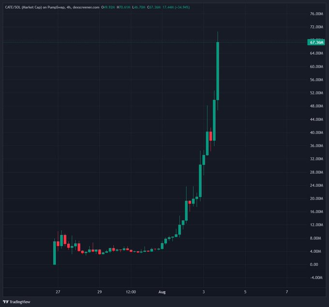 The TradingView chart shows CATE/SOL (cat in a dogs world) on a 4-hour timeframe with the token's market cap surging from under $10M to a current $67.36M (+34.94%), peaking above $72M—a painful reminder of the missed opportunity highlighted in the post.