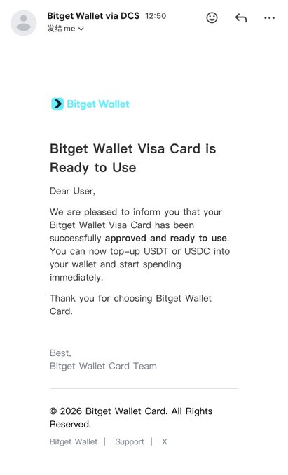 A mobile email notification from Bitget Wallet via DCS informing the user that their "Bitget Wallet Visa Card is Ready to Use" and that they can top-up USDT or USDC. The message is signed by the Bitget Wallet Card Team and dated 2026.