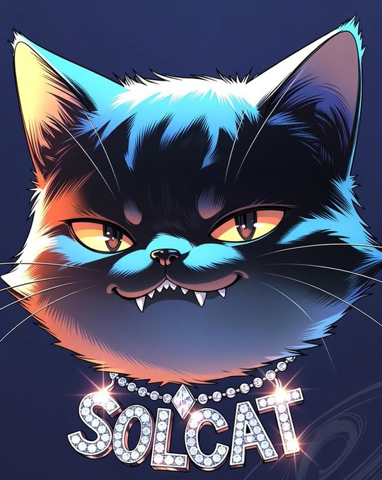 A stylized digital illustration of a fierce-looking black and white cat with glowing yellow eyes and bared fangs, wearing a diamond-encrusted 'SOLCAT' necklace against a dark blue background.