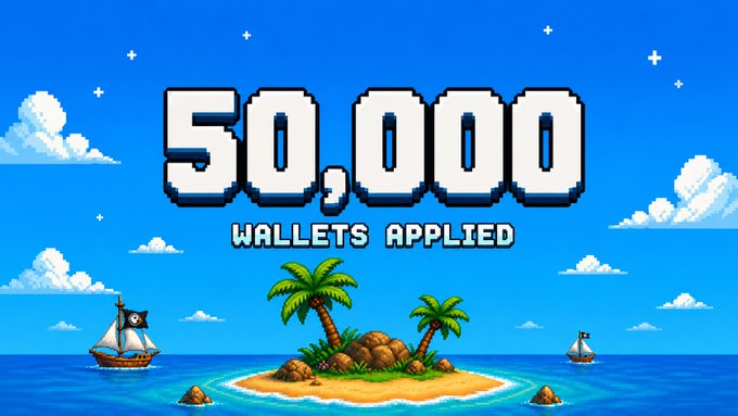 A retro pixel-art tropical island scene displays the bold text "50,000 WALLETS APPLIED" above a small island with palm trees, rocks, and two pirate ships sailing on a bright blue sea, celebrating a milestone of 50,000 wallet applications for a whitelist ("WL"). The island imagery reinforces the post's message about filtering out bots and farm wallets to keep "the island for real ones."