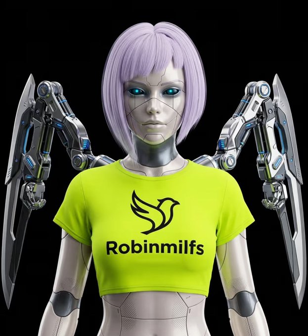 A 3D-rendered cyborg or robotic female character with light purple hair and glowing blue eyes wearing a bright yellow t-shirt with a dove logo and the text 'Robinmilfs', flanked by mechanical wing-like appendages.