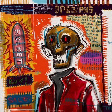 A vibrant neo-expressionist painting featuring a skull-headed figure in a red jacket, with text including 'JPEG/PNG', 'ROBOT', 'EXIT', 'BUY!', 'SALE', and 'LOSER' rendered in bold, graffiti-like lettering.