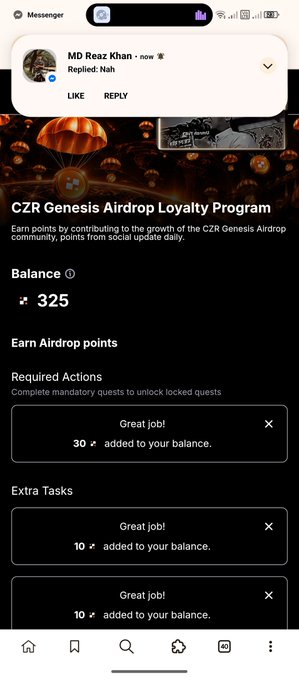 A mobile app screenshot displaying the 'CZR Genesis Airdrop Loyalty Program' with a balance of 325 and various task notifications.