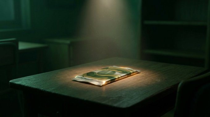 A folded piece of fabric, possibly a flag, rests on a wooden table illuminated by a single spotlight in a dark room.
