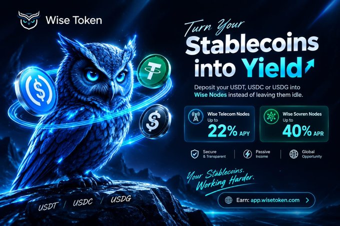An advertisement for 'Wise Token' featuring a blue glowing owl, promoting the ability to turn stablecoins (USDT, USDC, USDG) into yield with Wise Telecom Nodes offering up to 22% APY and Wise Sovren Nodes up to 40% APR.