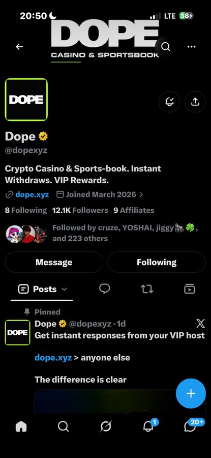Twitter profile of @dopexyz (Dope), a Crypto Casino & Sportsbook advertising instant withdraws and VIP rewards, with 8 Following, 12.1K Followers, and 9 Affiliates.