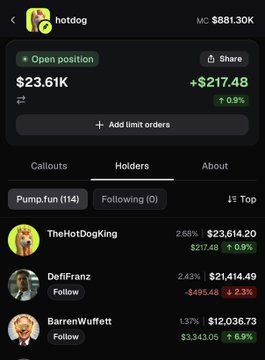 A cryptocurrency trading app screen showing the 'hotdog' token (Memecoin) with a market cap of $881.30K, listing top holders including 'TheHotDogKing' and 'DefiFranz'.