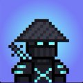 A small pixel art character resembling a dark ninja with glowing teal eyes and accents stands against a purple background.