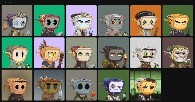 A grid of 17 cartoon-style character avatars displayed against various solid-colored backgrounds, featuring creatures with unique accessories and outfits.
