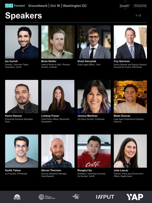 A webpage listing speakers for an event titled 'Forward | Groundwork | Oct 16 | Washington DC', featuring headshots and titles for individuals including Ian Carroli, Brian Nistler, and Orest Gavrylak.