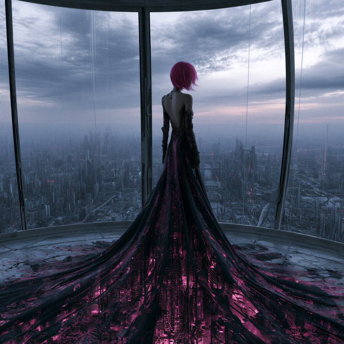 A digital artwork showing a woman with pink hair in an elaborate flowing black and magenta gown standing in a glass-walled structure, gazing out over a vast futuristic cityscape under a cloudy sky.