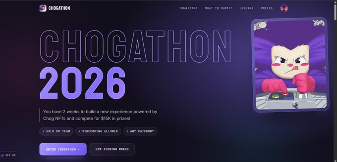 A web banner for 'CHOGATHON 2026', a competition stating 'You have 2 weeks to build a new experience powered by Chog NFTs and compete for $15K in prizes!', featuring a cartoon character illustration on the right.