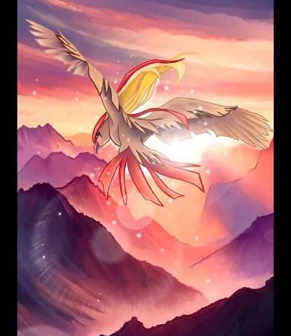 A digital illustration depicts a bird-like creature with red and gold plumage soaring against a vibrant sunset over purple mountain peaks.