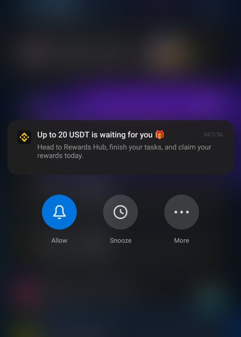 A Binance push notification offers up to 20 USDT in rewards via the Rewards Hub, with options to Allow, Snooze, or access More, corresponding to the post asking whether users have tried claiming the $20 USDT promotion or need guidance.