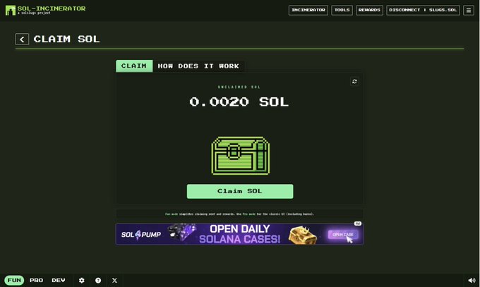 The image shows a "Claim SOL" page on the Sol-Incinerator website, displaying an unclaimed balance of 0.0020 SOL with a "Claim SOL" button. This directly corresponds to the post, as the user is expressing interest in claiming their small 0.002 SOL balance shown on the interface.