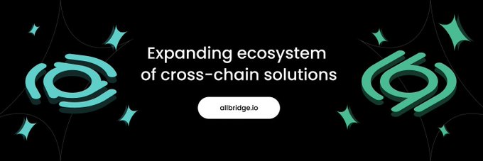 A promotional banner with the text 'Expanding ecosystem of cross-chain solutions' and 'allbridge.io' displayed between two teal chain link logos on a black background with sparkles.