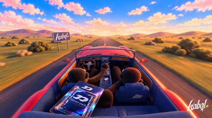 A red convertible with two plush bear-like figures drives down a sunset-lit desert highway past a "Kabal." billboard, with a "3D Sticker Pack" resting on the dashboard, visually tying the brand name and giveaway promotion together.