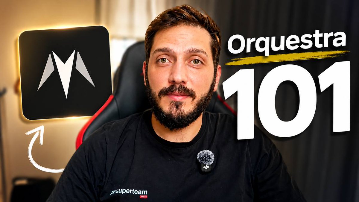 YouTube thumbnail featuring a bearded man next to the text "Orquestra 101" and a stylized "M" logo.