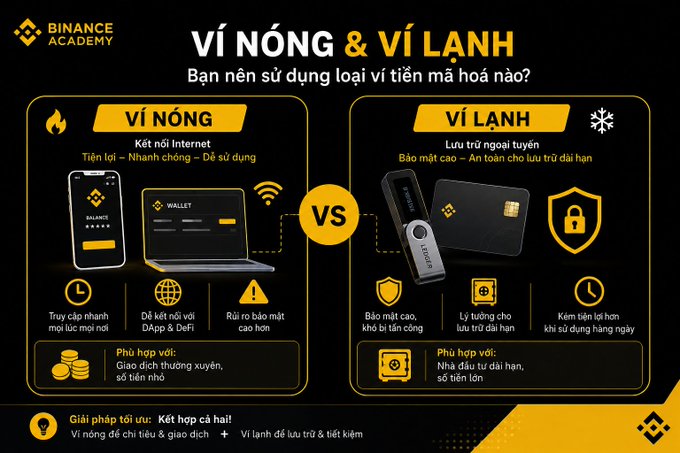 A Binance Academy infographic comparing 'VÍ NÓNG' (Hot Wallet) and 'VÍ LẠNH' (Cold Wallet) in Vietnamese, explaining which type of cryptocurrency wallet to use.