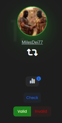The image shows a verification interface for a user named "MilesDei77," featuring their profile picture and buttons labeled "Check," "Valid," and "Invalid." It appears to be a tool confirming the legitimacy of the $350 BTC giveaway winner mentioned in the post.