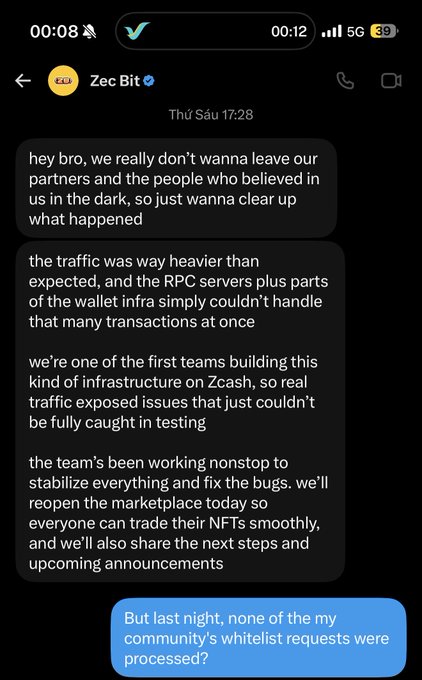 A text message conversation screenshot from Zec Bit explaining infrastructure issues on Zcash where RPC servers couldn't handle heavy traffic, with the recipient noting that their community's whitelist requests weren't processed.