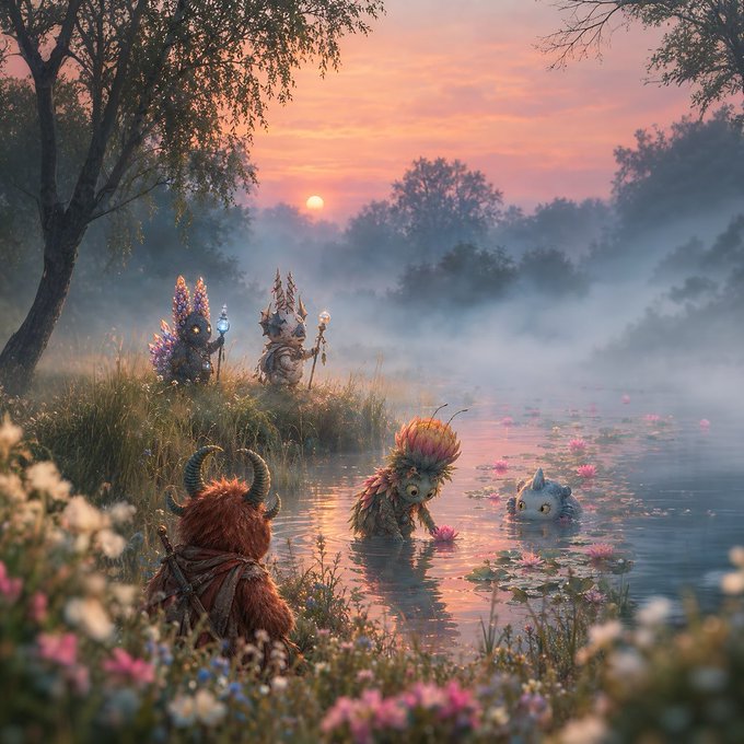 A whimsical fantasy scene at sunset shows furry creatures and a horned figure gathering by a misty lake dotted with pink lotus flowers, with one creature wearing a crown of leaves and another holding a staff.