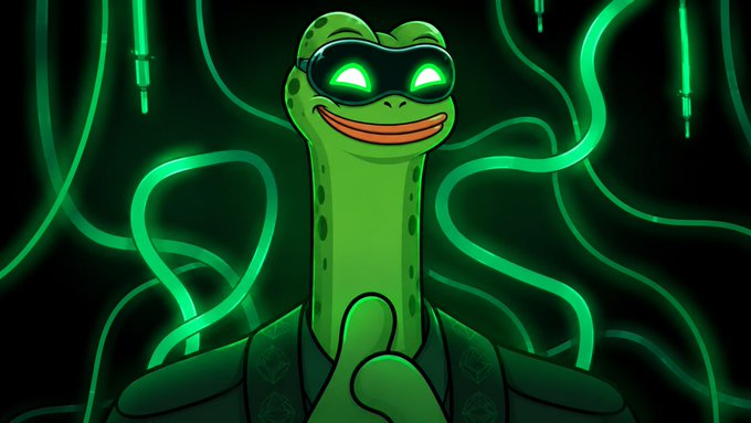 A cartoon illustration features a green lizard character wearing a dark visor with glowing green eyes, surrounded by swirling green neon wires and cables.