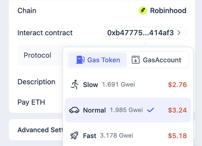 The image displays a Robinhood transaction interface showing gas fee options on a Layer 2 chain, with a "Normal" speed selected at 1.985 Gwei costing $3.24, alongside "Slow" at $2.76 and "Fast" at $5.18. This illustrates the user's complaint about Robinhood's high fees compared to Solana, highlighting the $2.76-$5.18 cost range for transaction speeds.