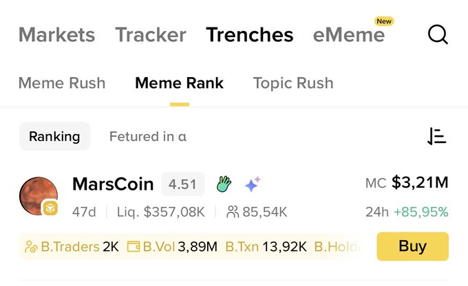 A cryptocurrency trading interface shows 'MarsCoin' listed under the Trenches > Meme Rank tab with a market cap of $3.21M and 24h change of +85.95%.