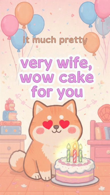 A cute cartoon Shiba Inu dog with heart eyes sitting before a birthday cake with candles, accompanied by the text 'It much pretty very wife, wow cake for you'.