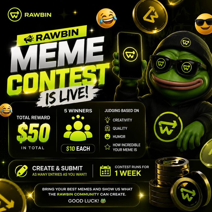 The image is a vibrant promotional graphic for the Rawbin Meme Contest, featuring the iconic Pepe the Frog character wearing sunglasses and a beanie alongside Rawbin-branded coins, announcing a $50 total prize pool ($10 each for 5 winners) judged on creativity, quality, humor, and incredibility, running for 1 week from August 1–7 with entries posted on X while tagging @rawbin_fun and @Web3Alph_a.
