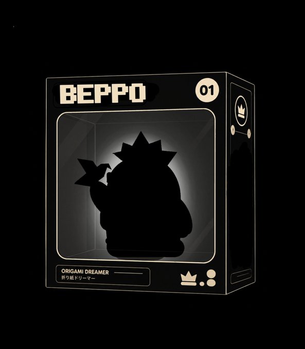 A black collectible box labeled "BEPPO 01" features a silhouette of a crowned character with a small crown icon, marked "ORIGAMI DREAMER / 折り紙ドリーマー" on the front, representing the debut entry in the Beppo collection described in the post as an art project originally created in 2024 for AppChain and relaunching in 2026 with accessible, original designs.