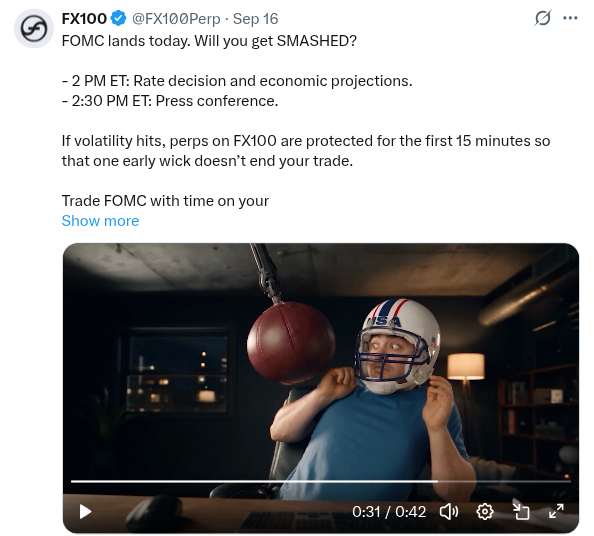 A tweet from FX100 (@FX100Perp) dated Sep 16 reads 'FOMC lands today. Will you get SMASHED?' with details about FOMC times, accompanied by a video thumbnail of a person in a football helmet being hit by a punching bag.
