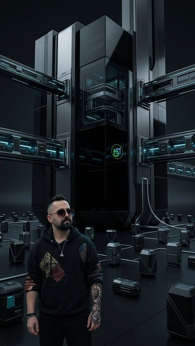 A tattooed man in sunglasses and a black hoodie stands in front of a futuristic, dark technological structure with glowing blue accents.