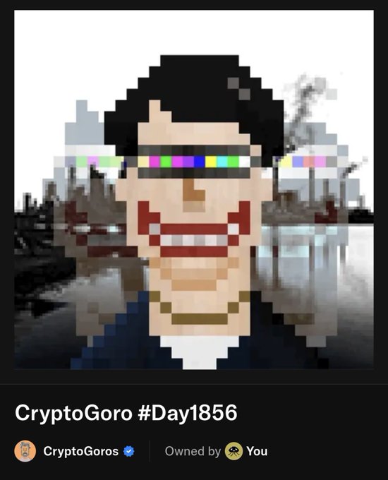 A pixel art NFT portrait with colorful glitch-like glasses on an industrial background, labeled 'CryptoGoro #Day1856' on the OpenSea platform.