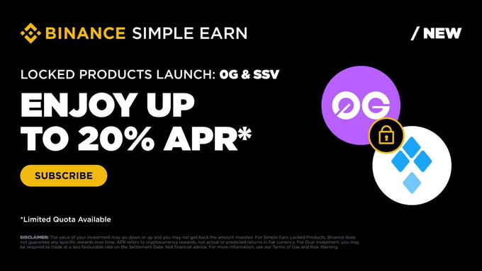 A promotional graphic for Binance Simple Earn announcing new locked products '0G & SSV' offering up to 20% APR.